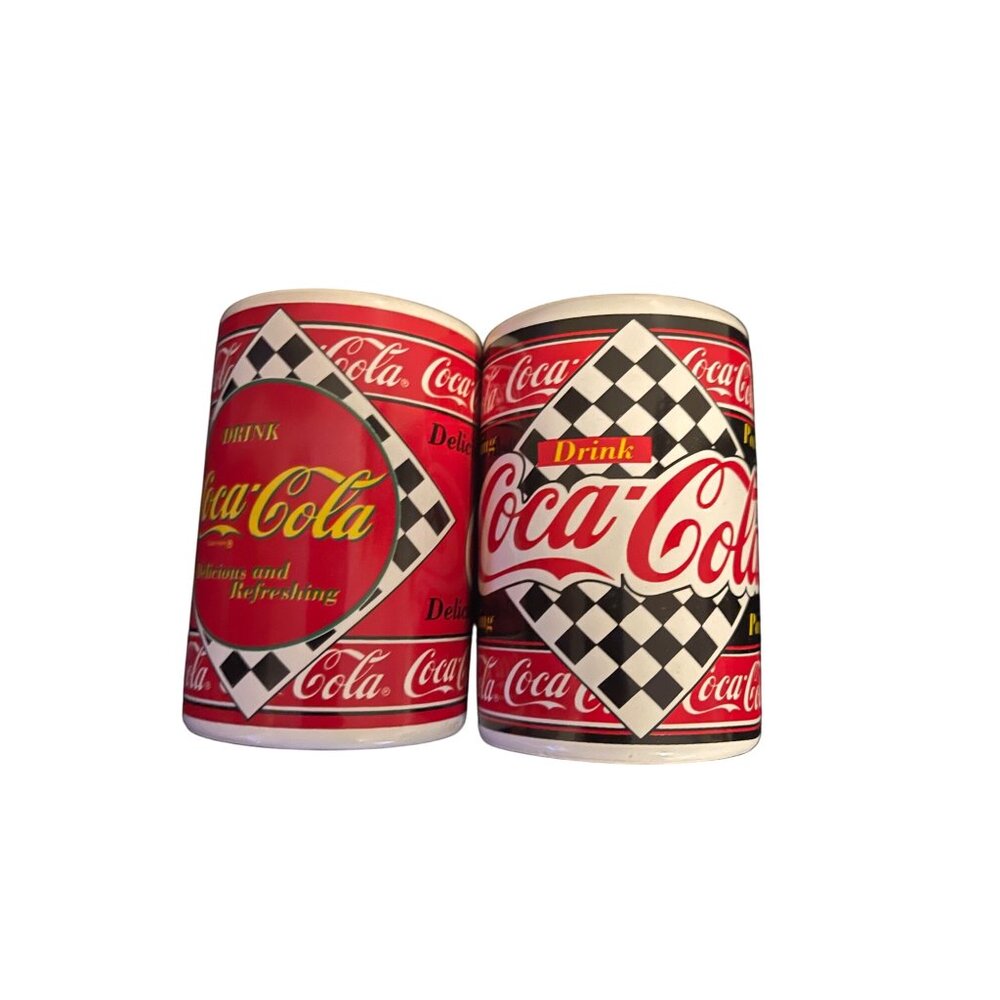 Coca-Cola Salt & Pepper Shaker Set Classic Racing Design Checkerboard Pattern - Picture 11 of 11